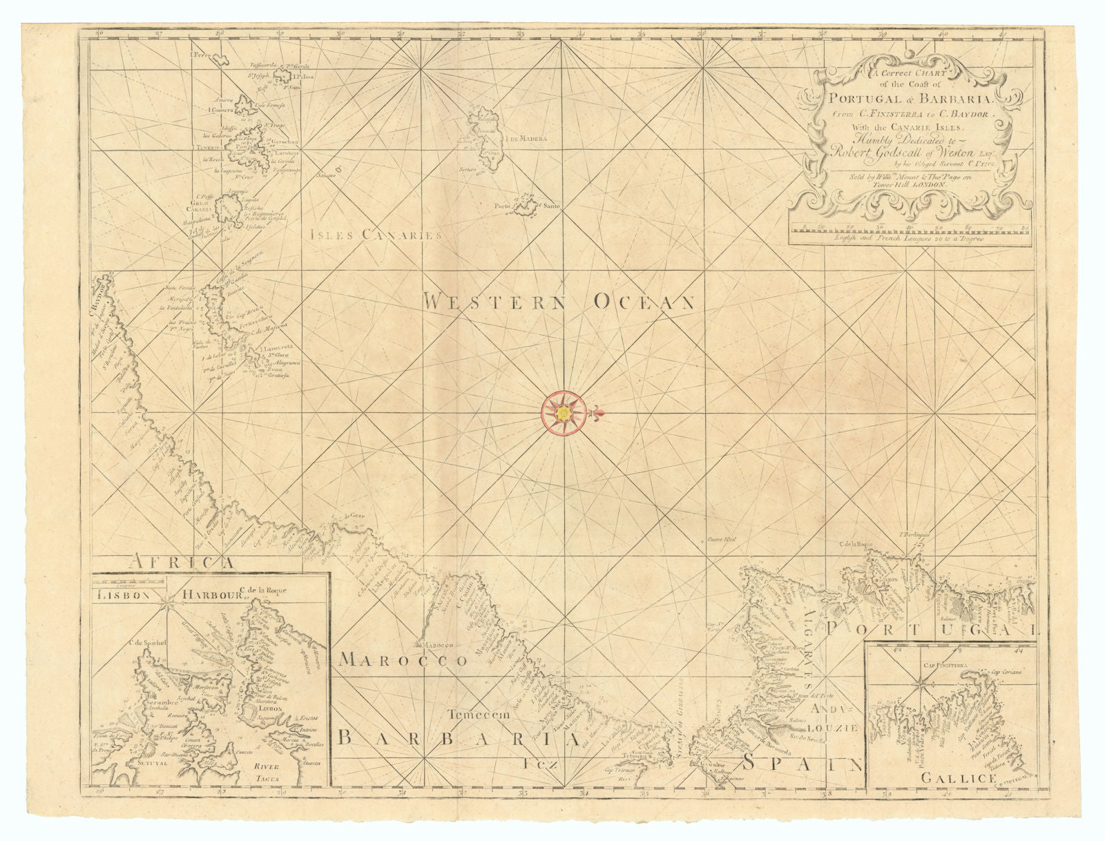 Chart of the Coast of Portugal & Barbaria... Canarie Isles MOUNT & PAGE 1758 map